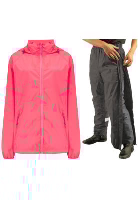 Neon roze regenpak van Mac in a Sac (broek met volledige rits)