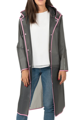 Semi transparante zwarte regenjas City Trench  met roze bies