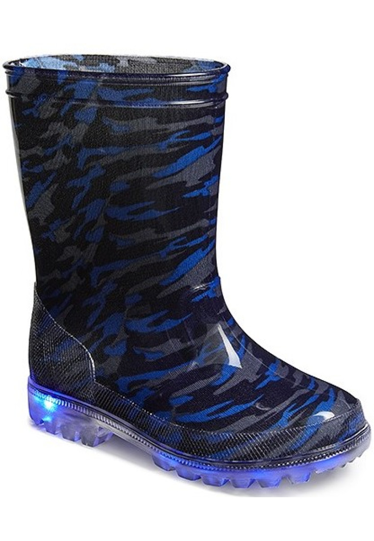 Stoere blauw zwarte kinder regenlaarsjes met ledlampjes Lars