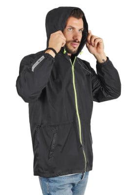 Zwart met neon gele bies regenjas Windbreaker van Perletti